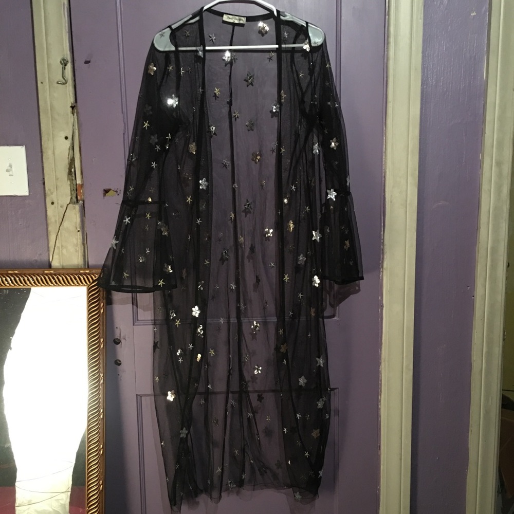 Long sheer cape with embroidered sparkly stars